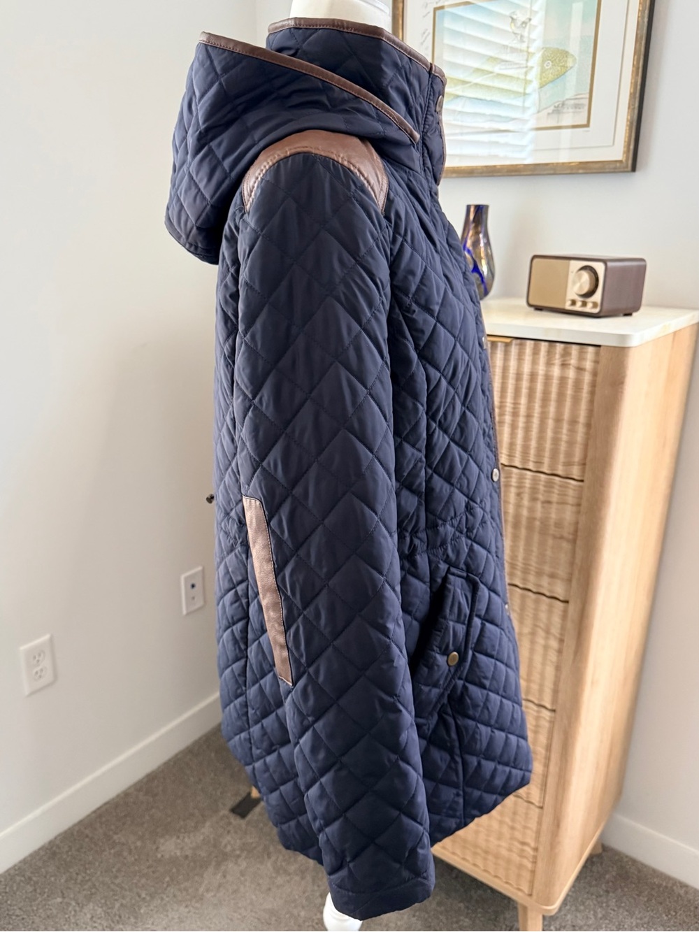 Lauren Ralph Lauren Navy Quilted Hooded Coat with Brown Trim - Picture 5 of 9